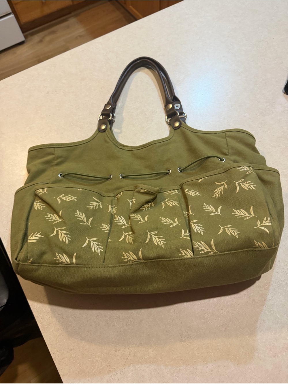 Olive Green Canvas  Garden Tote Bag with Leaf Print